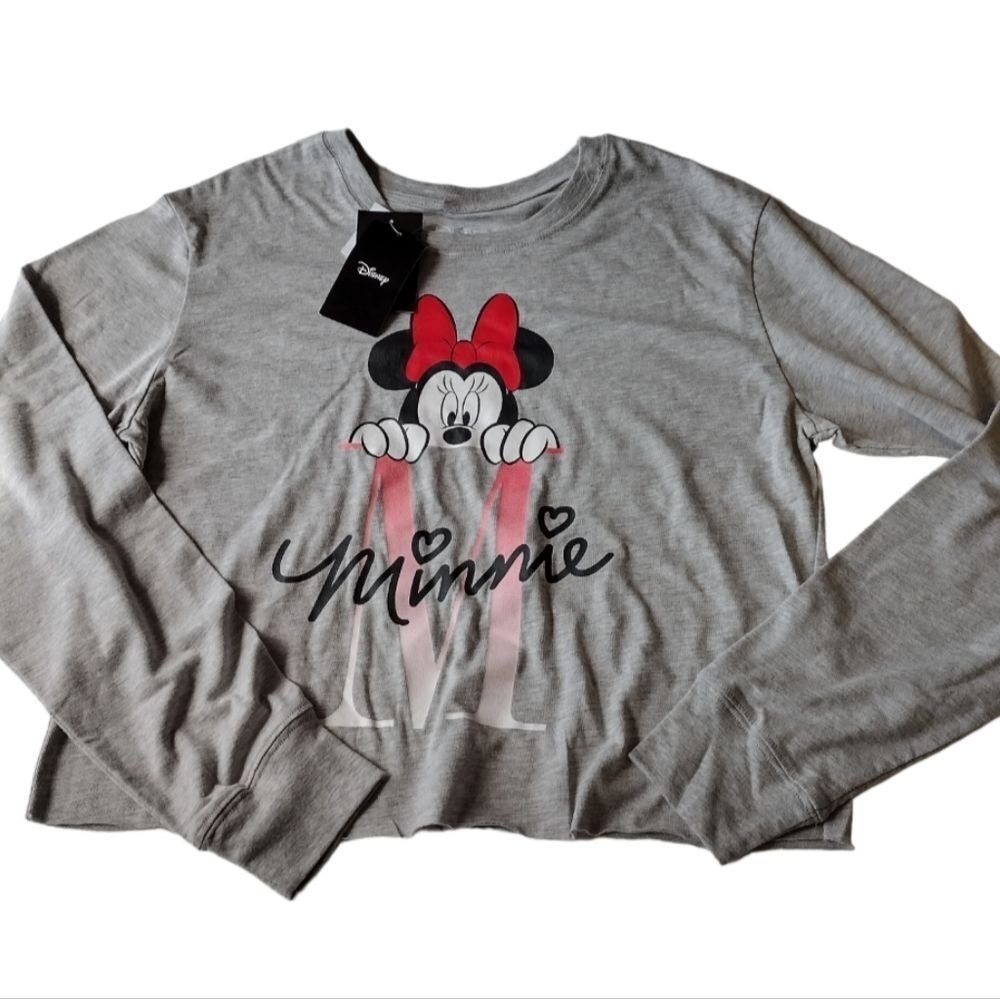 Disney T Shirt Woman's L Gray Minnie Mouse Long sleeve cropped‎ Juniors Vacation